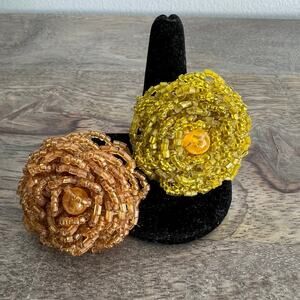 Yellow-green & brown seed bead handmade floral stretch cocktail statement rings